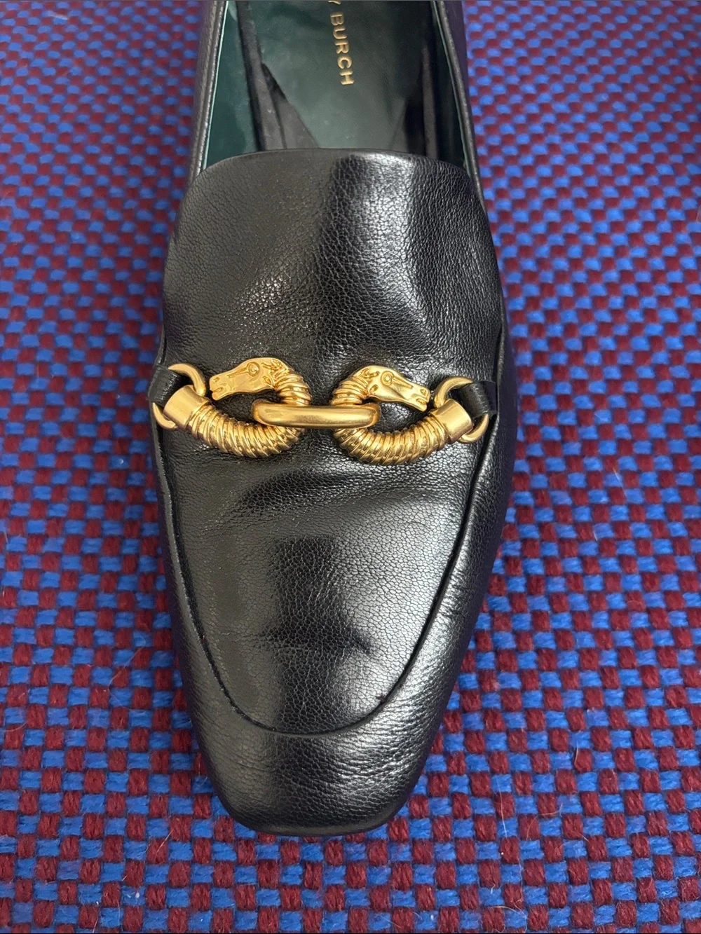 Tory Burch Black Leather Loafers with Gold Chain Detail